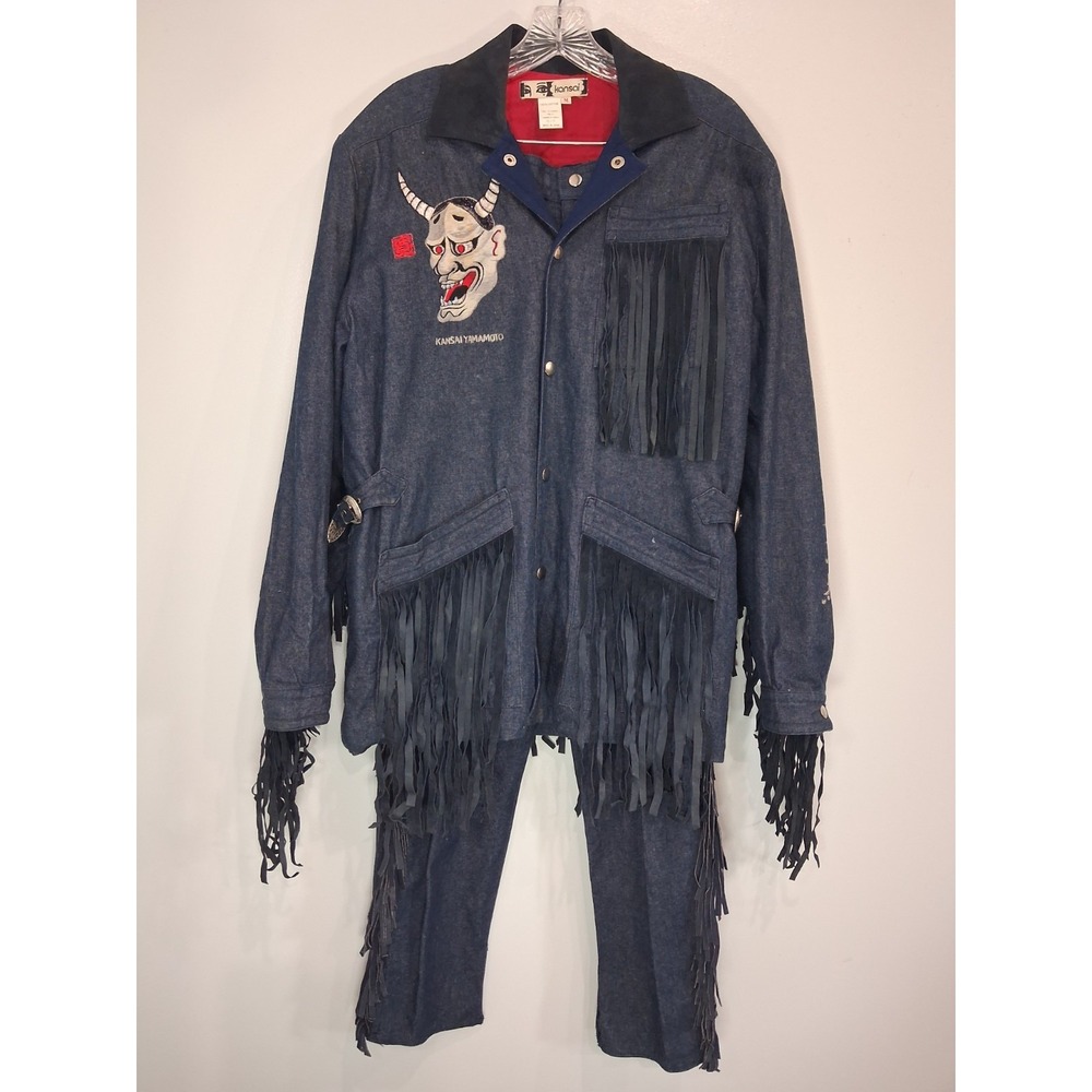 Archival 1980s Kansai Yamamoto Denim Suit Leather Fringe Hannya Mask Japan